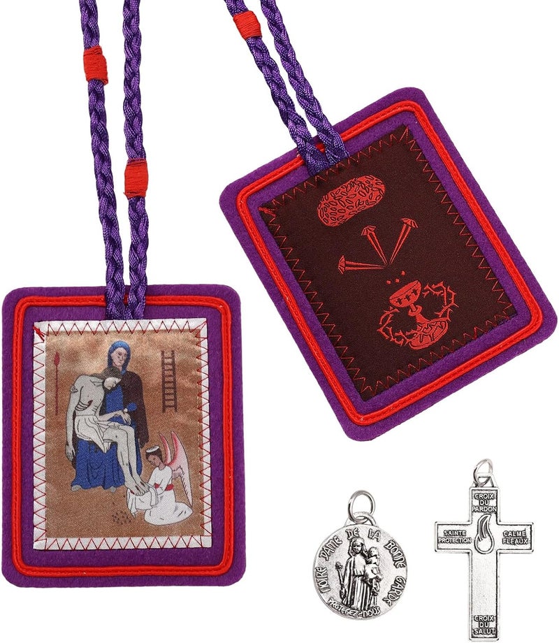 TALPGOD Purple Escapularios Catolicos Catholic Scapular Marie Julie Jahenny of Benediction with Protection Cross of Forgiveness and Medal of Our Mother of Good Guard - Image 1